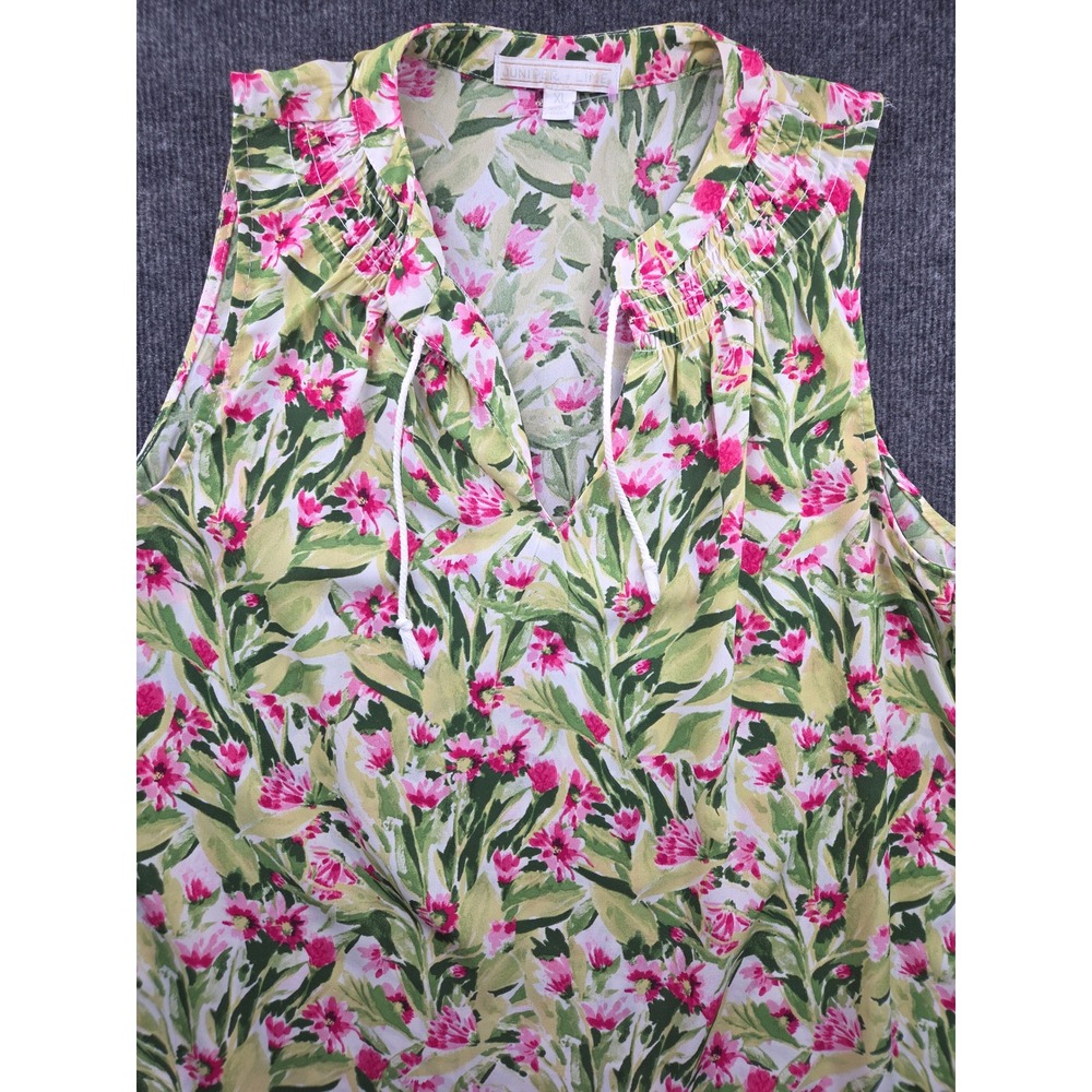 Juniper + Lime Floral Sleeveless Blouse Pink Green Smocked Neck XL